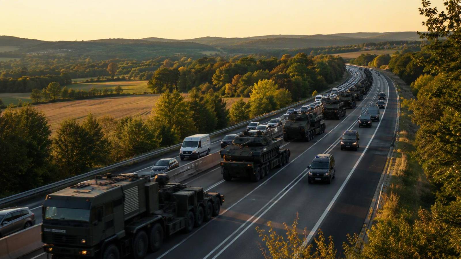 Kolona vojenské techniky NATO na české silnici