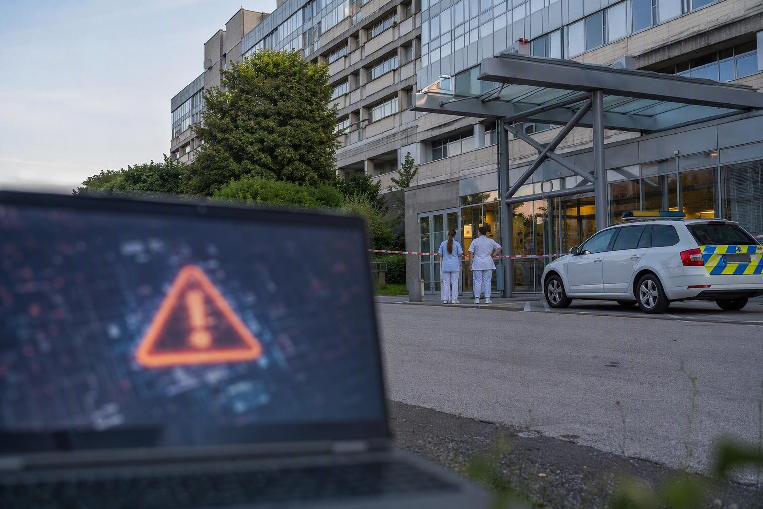 Policie u vstupu do Fakultní nemocnice Olomouc po kybernetickém útoku